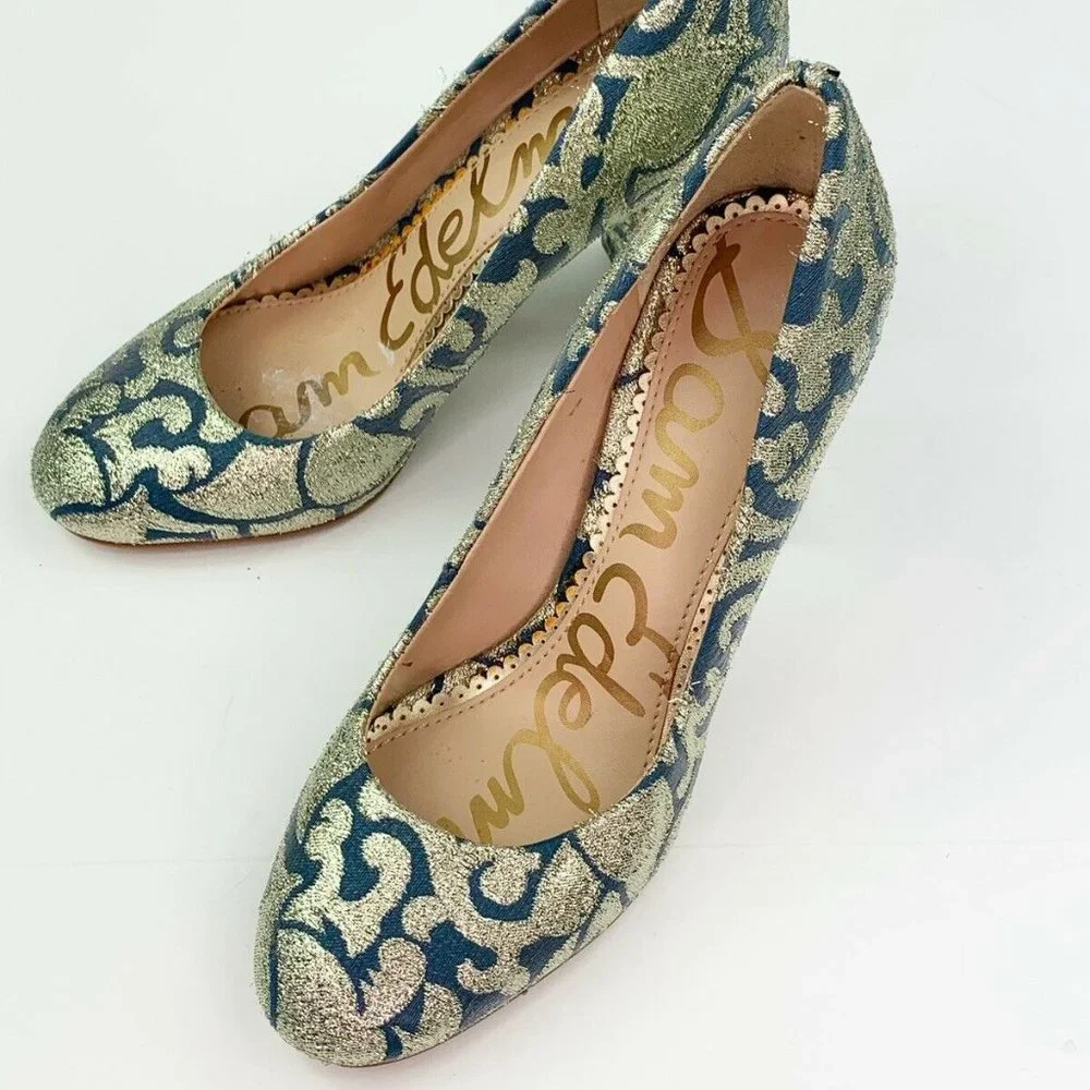 Sam Edelman Stillson Pumps 5.5 Blue Metallic Gold Block Heels - Picture 4 of 8